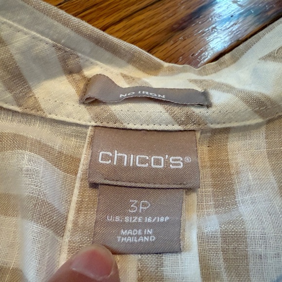 Chico's Striped 3/4 Sleeve 100% Linen Button Down Shirt Womens Sz 3P Beige/White - Picture 7 of 12